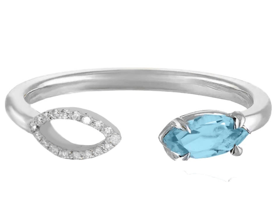 Bague ouverte en or 18k avec topaze bleue et diamants – Bague moderne minimaliste pour femme, cadeau personnalisé